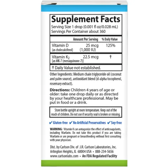 Kid's Super Daily D3 & K2 0.34 fl oz (10.16 mL) by Carlson Labs