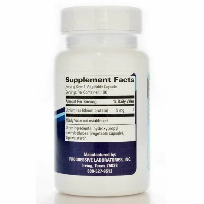 Lithium Orotate 5mg 100 vcaps by Progressive Labs